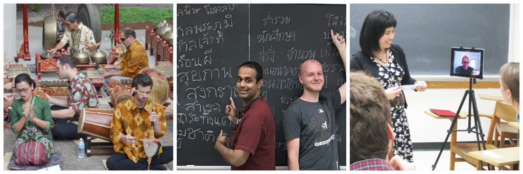 From left to right, a group of people play Javanese gamelan instruments, students point to their language script on a chalkboard, and a distance student joins a SEASSI class by iPad.